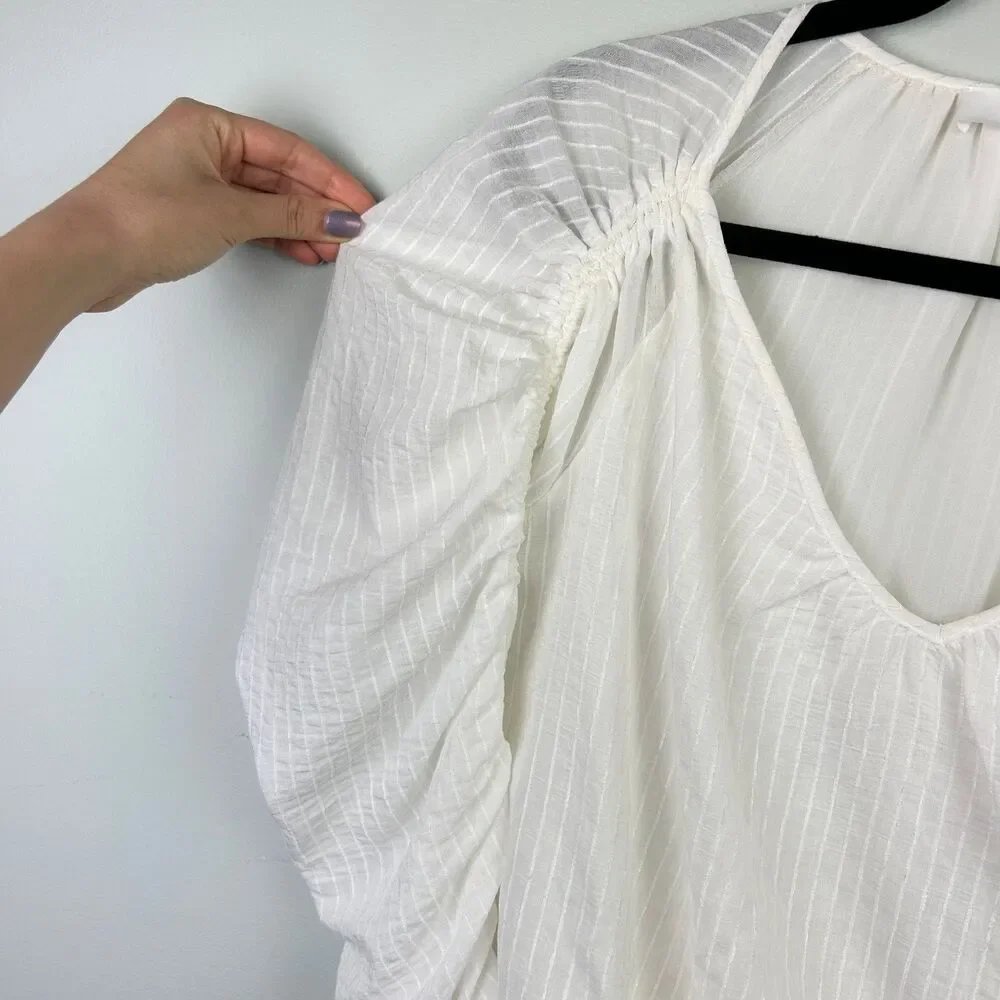 ASTR the Label Ruched Puff Long Sleeve Top White Sheer Pinstripe Blouse VNeck XS